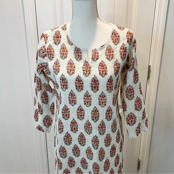 Sabhyata Indian Cream Red Floral Printed Straight Kurta Kurti Tunic Ethnic Dress - Picture 2 of 12